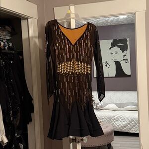Black and Gold Long Sleeve Latin Ballroom Dress